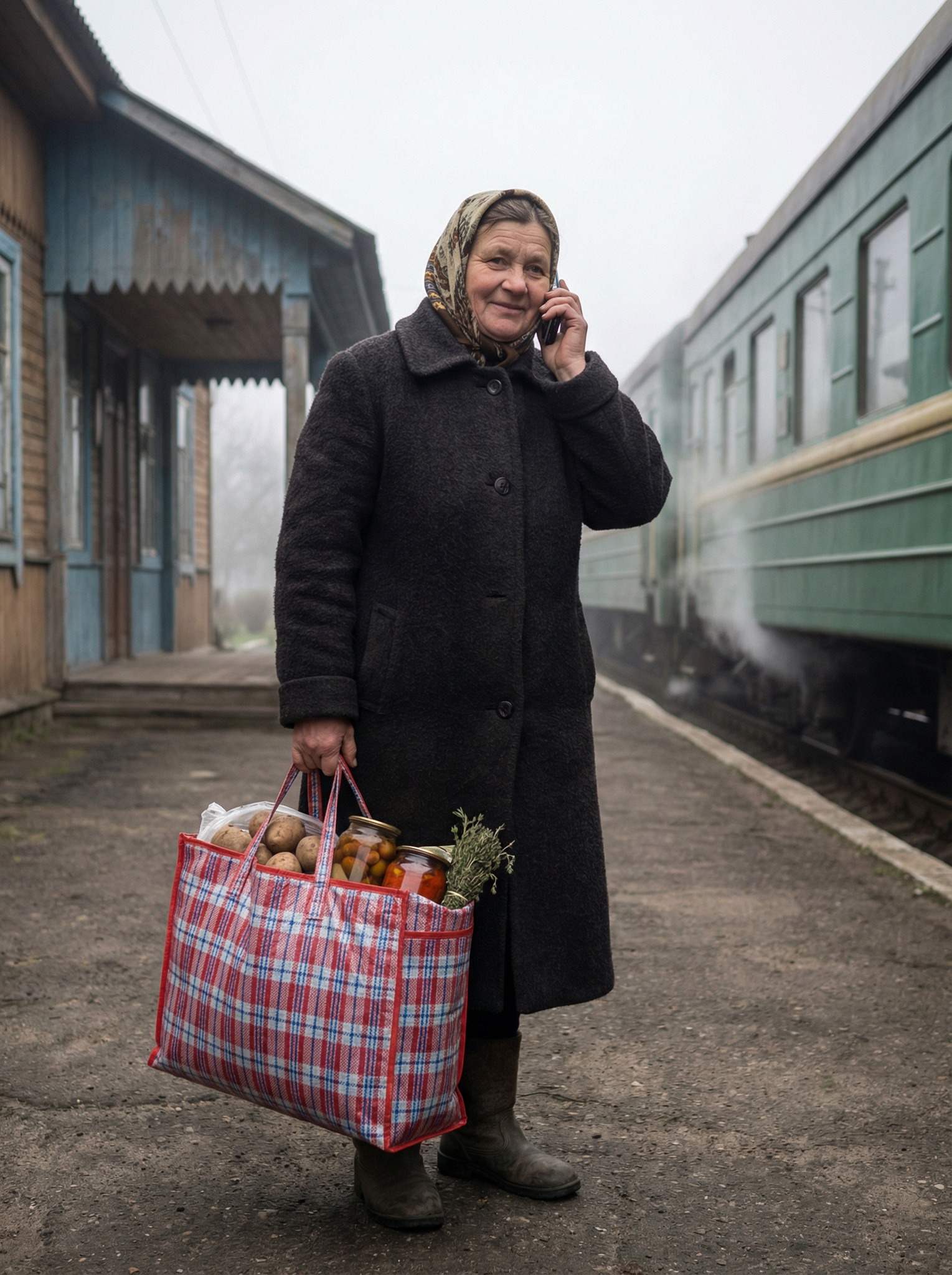 Ганна набрала у велику клітчасту сумку картоплі,  та інших сільських гостинців. Жінка поїхала до дочки та зятя у гості. – Оленко, я вже в поїзді. Нехай Василь мене зустріне на вокзалі, бо в мене сумка важка, – сказала вона доньці. – Добре мамо, зустрінемо, – відповіла Олена. Наступного ранку Ганна вийшла з поїзда. – Мамо, ми тут! – почула вона, як гукає її Олена. Ганна обернулася, і помітила, що донька приїхала з якимось чоловіком, не схожим на її зятя. Жінка придивилася до незнайомця, і застигла від здивування