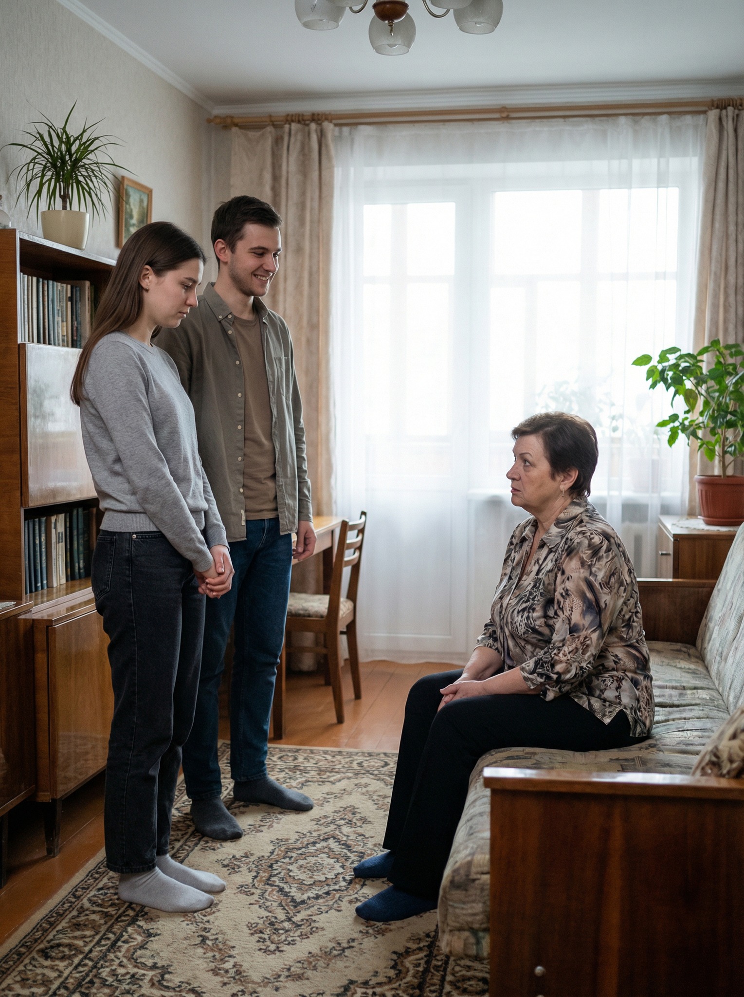 Дівчина їй зовні не сподобалася. Син у неї хоч куди! Червоніший за червоне сонечко, ясніший за ясний місяць. Будь-яка піде за нього! А тут якась… замарашка.  Прикро за Вітеньку стало. Хотілося б гарних онуків, а не рудоволосих. Перша зустріч пройшла не дуже добре.