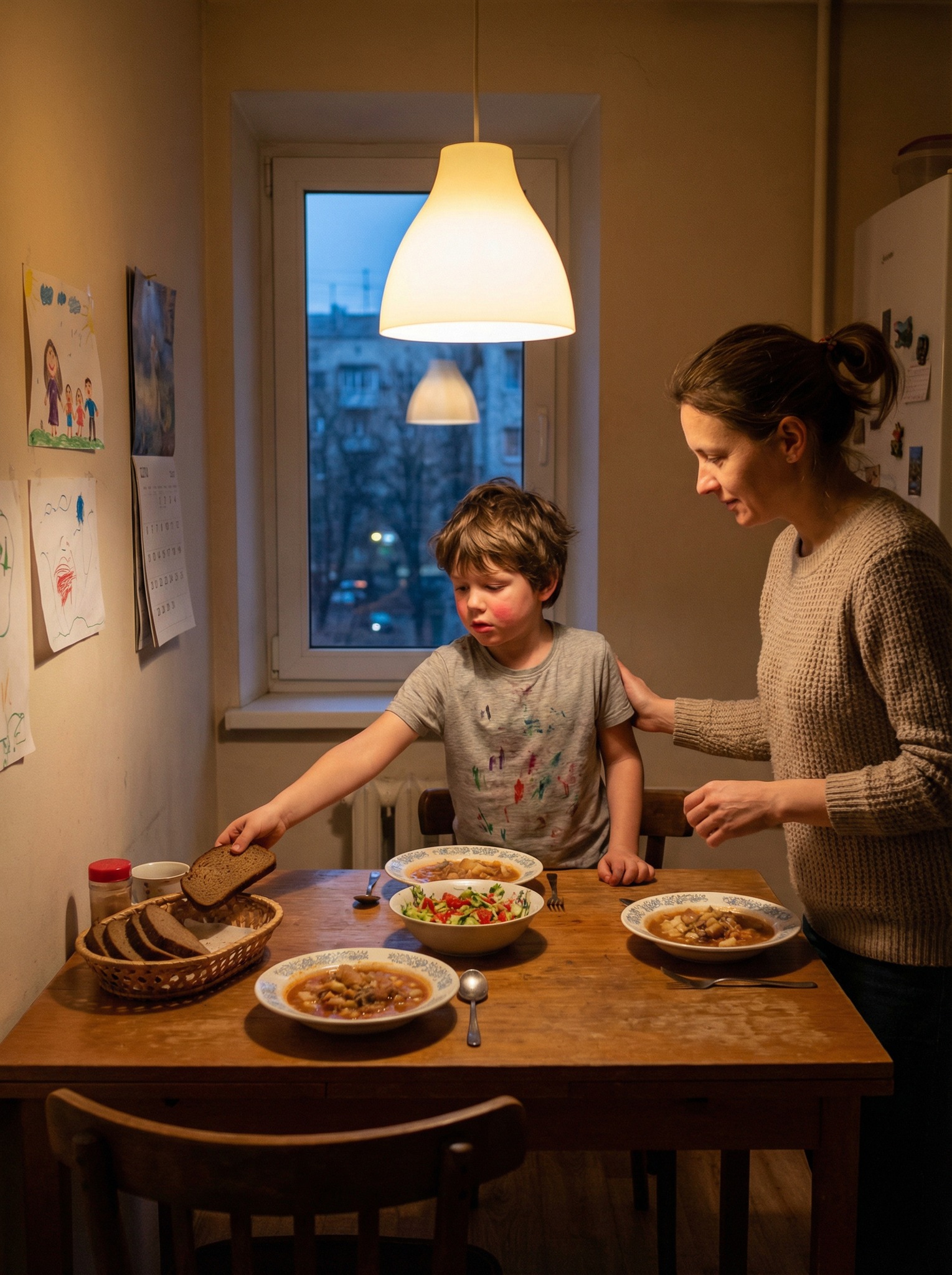 — Максим, Сергій, вечеряти! — покликала Наталя сина та чоловіка. Хлопчик вибіг зі своєї кімнати розпатланий, у футболці, забрудненій фломастерами — мабуть, працював над шкільним проектом. Він швидко вмився і сів за стіл, потягнувшись до хліба. — Зачекай на тата, — м’яко зупинила його жінка.