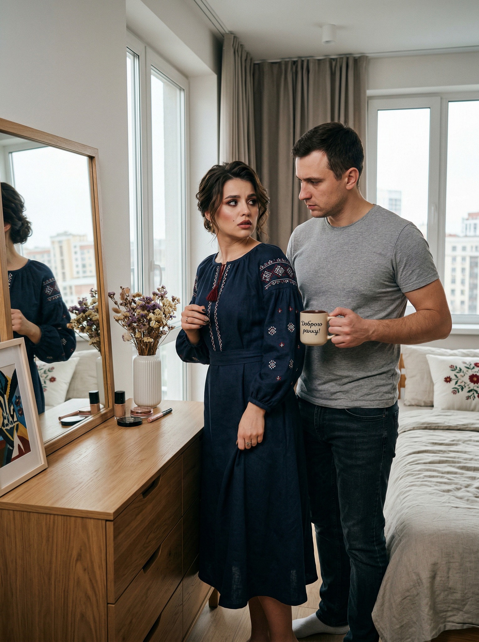 Це що таке? Ти коли встигла викинути гроші?— коротко запитав чоловік. Софія відчула, як серце збилося з ритму. Вона намагалася надати голосу невимушеності: — Ой, Тарасе, ти вже встав? Це я на ювілей твого дядька підготувалася. Хотіла виглядати достойно поруч із тобою. Тарас поставив каву на комод і повільно підійшов ближче. Він розглядав сукню на дружині так, ніби це був дефект на стіні. — Скільки, Софіє? Я питаю: скільки ти викинула гривень на цей шматок тканини? — Тарасе, там була величезна знижка. Лише півтори тисячі. — Півтори тисячі? — він іронічно підняв брову. — Тобто купу банок консервів для нашої комори? Чи могла заправити машину? Ми збираємо на сонячні панелі, Софіє. Кожна гривня має працювати, а не висіти в шафі. — Але я сама їх заробила! — вигукнула вона. — Я працювала ночами над тим логотипом для пекарні. — «Сама заробила»? А чиїм інтернетом ти користувалася? У чиїй квартирі ти сиділа в теплі? Чию каву ти зараз пила б, якби я не дбав про бюджет? У родині немає «своїх» грошей. Є спільні гроші. І ти мене щойно зрадила заради смарагдової ганчірки