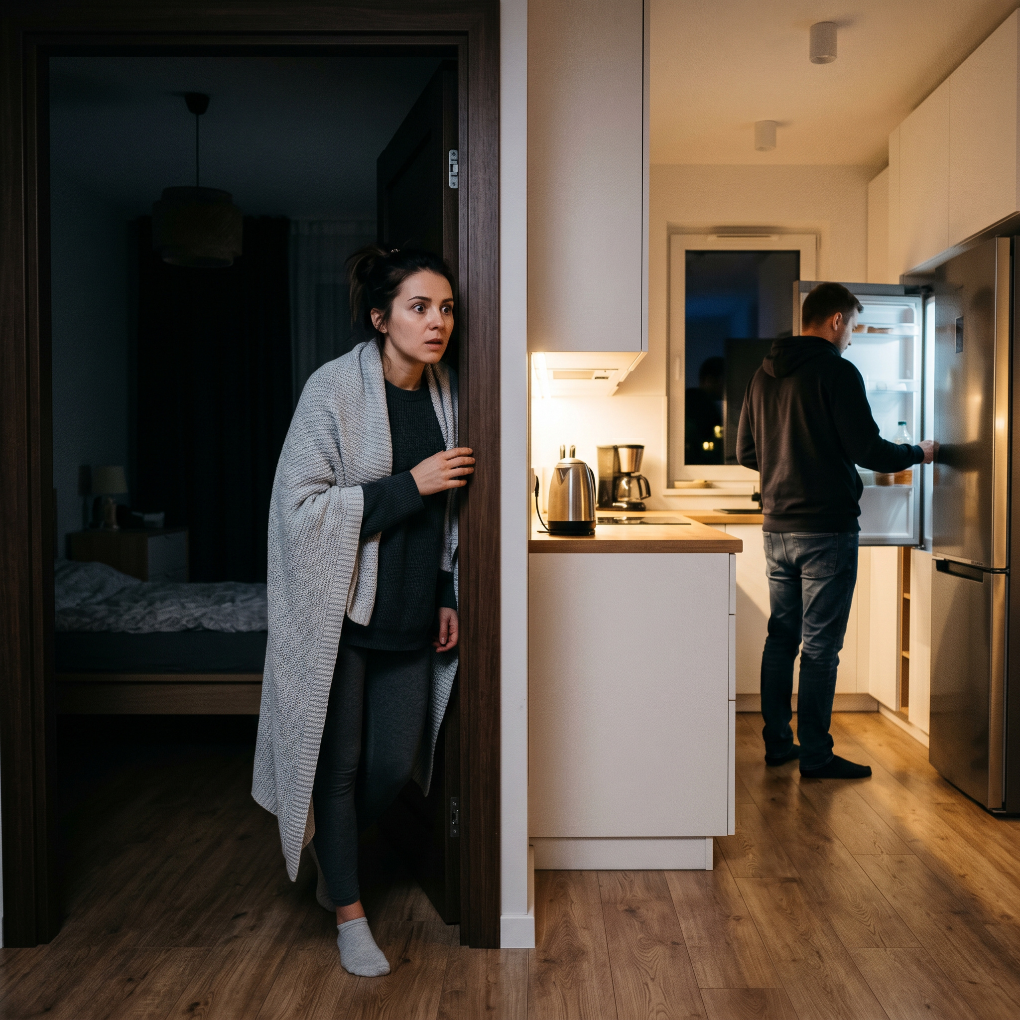 Марина відчула себе зле, пішла з роботи раніше. Прийшовши додому, вона налила собі гарячого чаю з медом і лягла в ліжко. Тільки вона почала засинати, як почула звук замку вхідних дверей. Вона стрепенулась, сонливий стан як рукою зняли. Марина знала, що чоловік пізно прийде. – Пройдисвіти залізли? – промайнуло в її голові. – Але де вони ключі взяли? Вона тихо встала і підійшла до зачинених дверей кімнати. Марина почула, як непроханий гість пройшов на кухню, відкрив холодильник і дістав щось звідти. Марина тихо прочинила двері, заглянула на кухню і… ахнула від побаченого